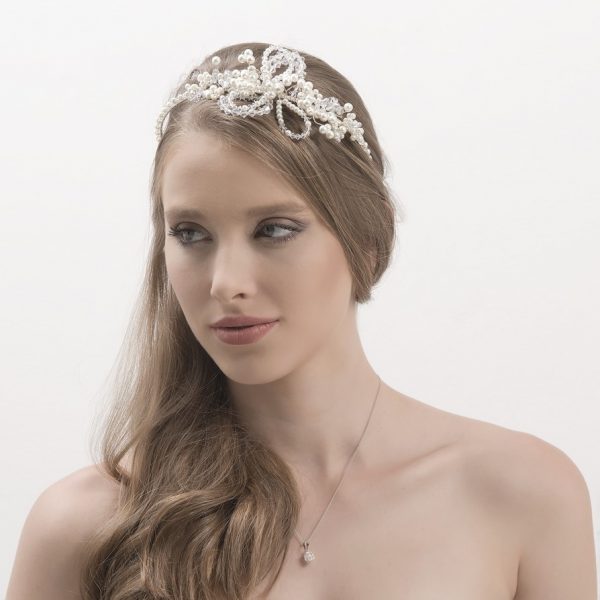 Handmade side headband with pearls, Swarovski stones and flowers