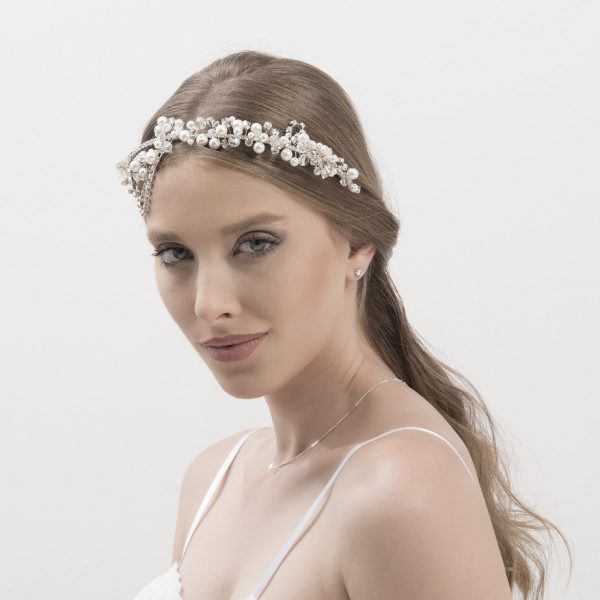 Handmade headband enriched with fine pearls and ribbon Swarovski crystals