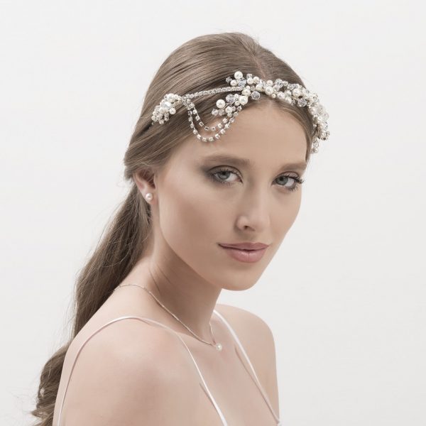 Handmade headband enriched with fine pearls and ribbon Swarovski crystals